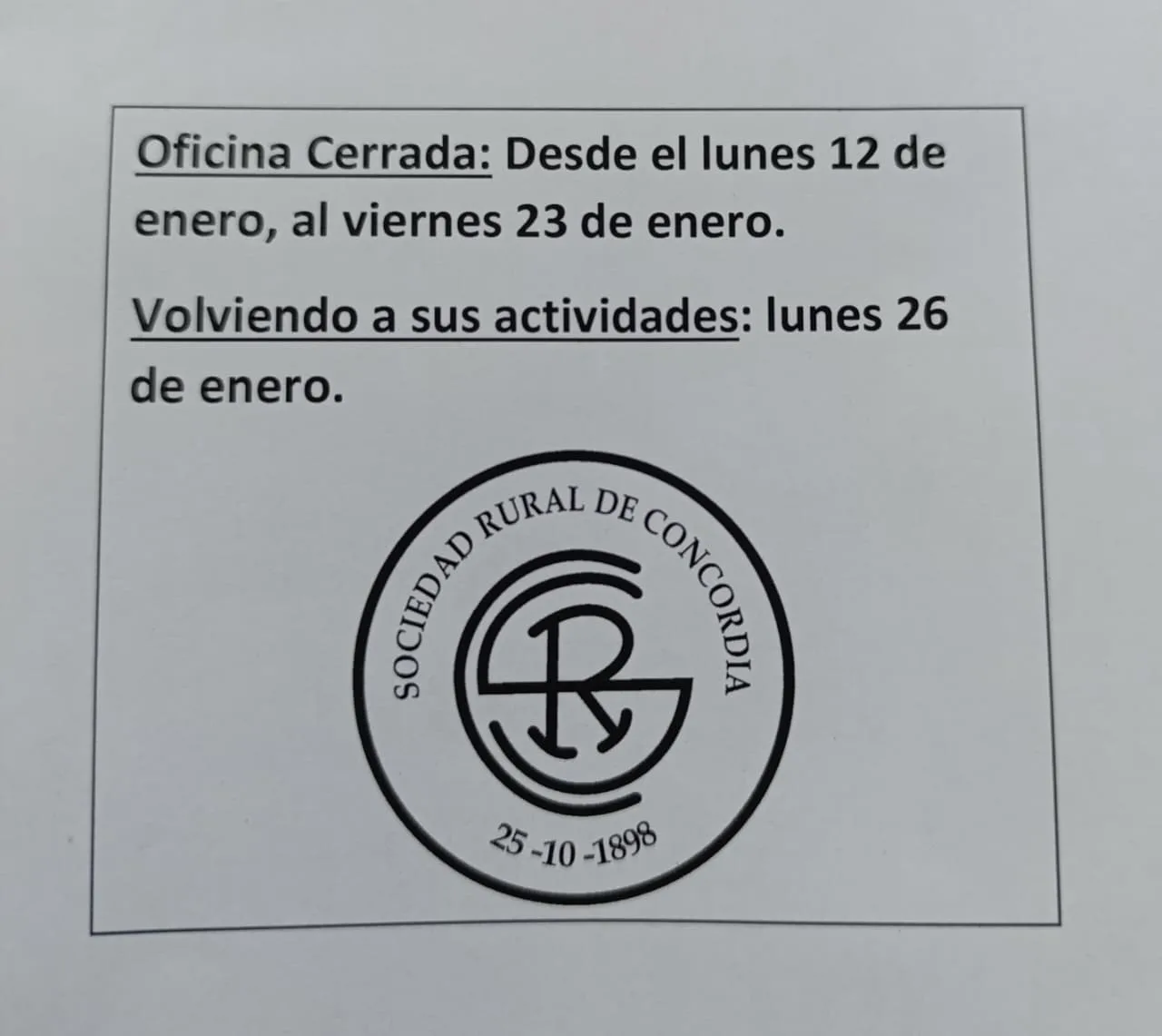 OFICINA CERRADA ENERO 2026